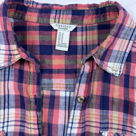 Forever 21 Womens Plaid Button-Up Shirt Sz M Coral & Navy Casual Western Top - Picture 3 of 9
